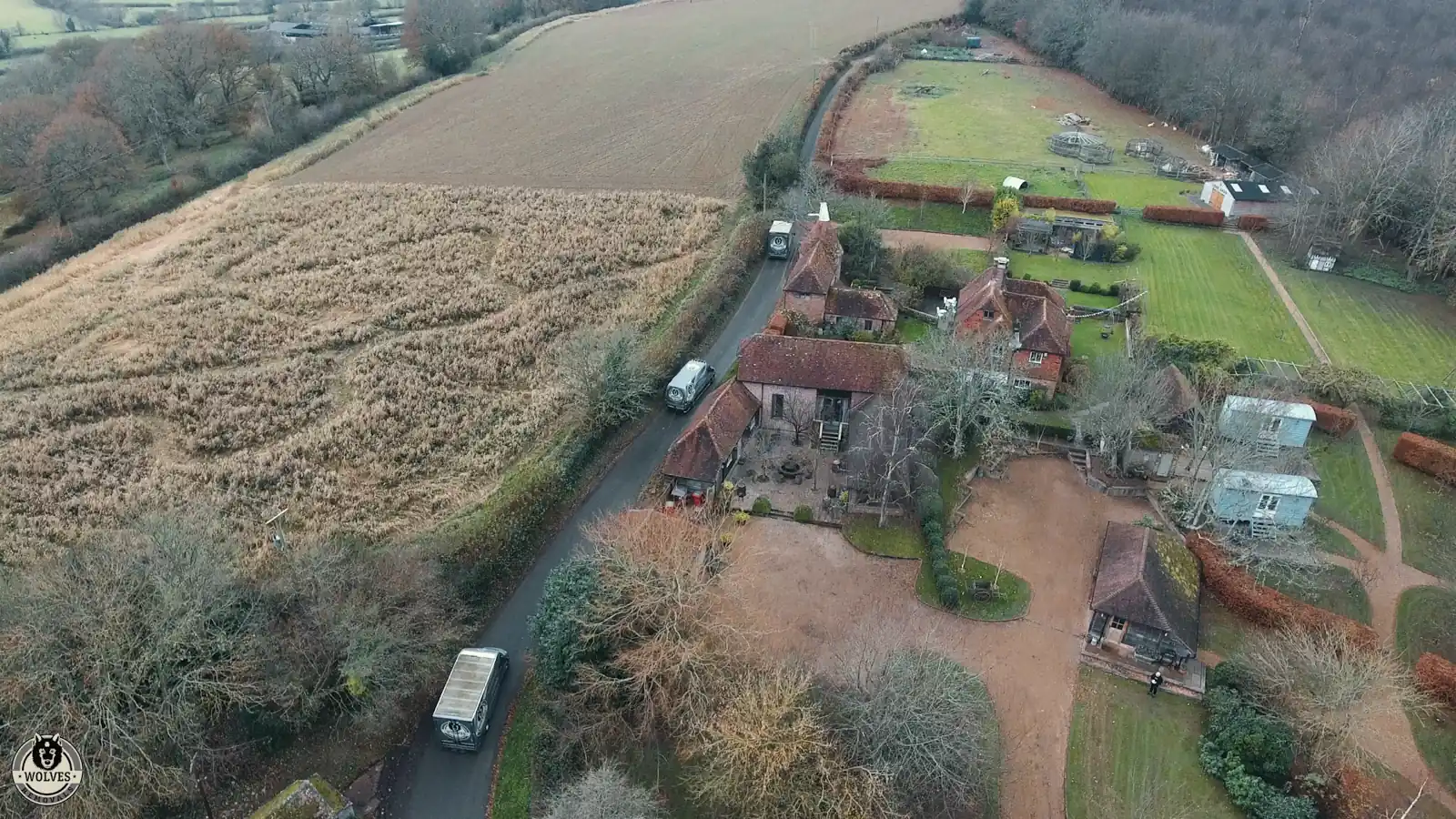 Aerial view of a Wolves removal van on a country lane in Pulborough, West Sussex