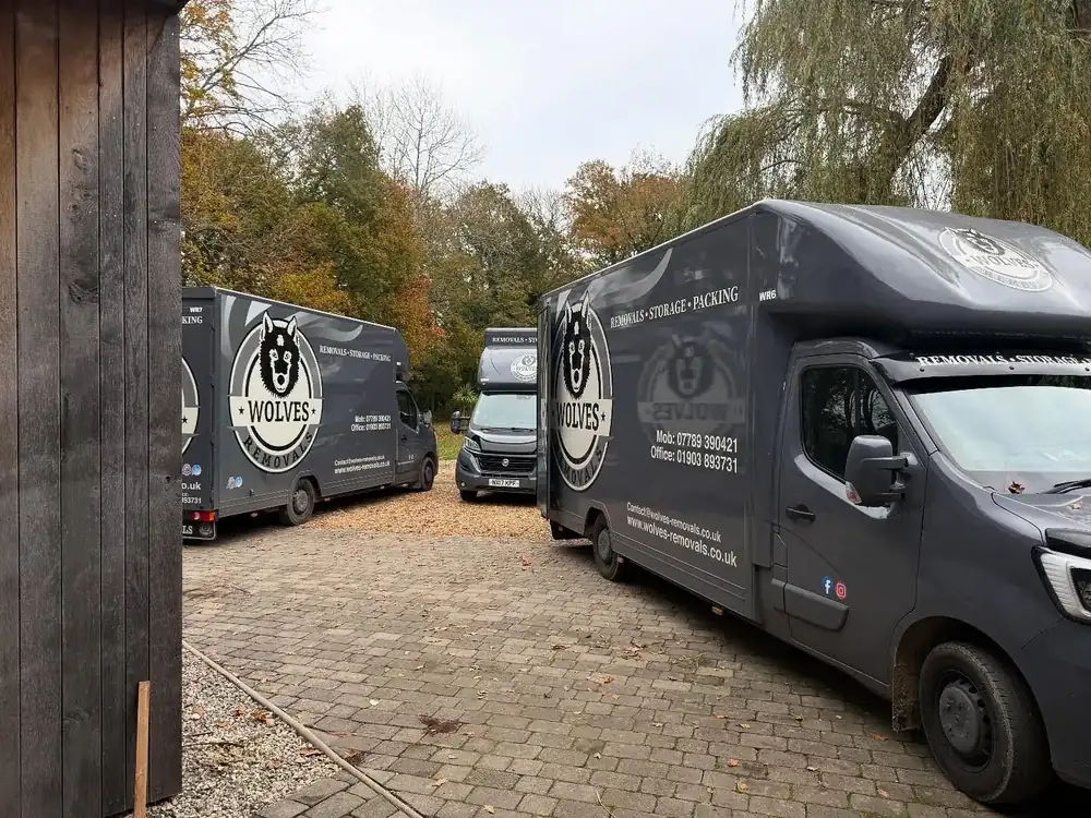 Three Wolves Removals lorries parked at a barn conversion during a six-day house move