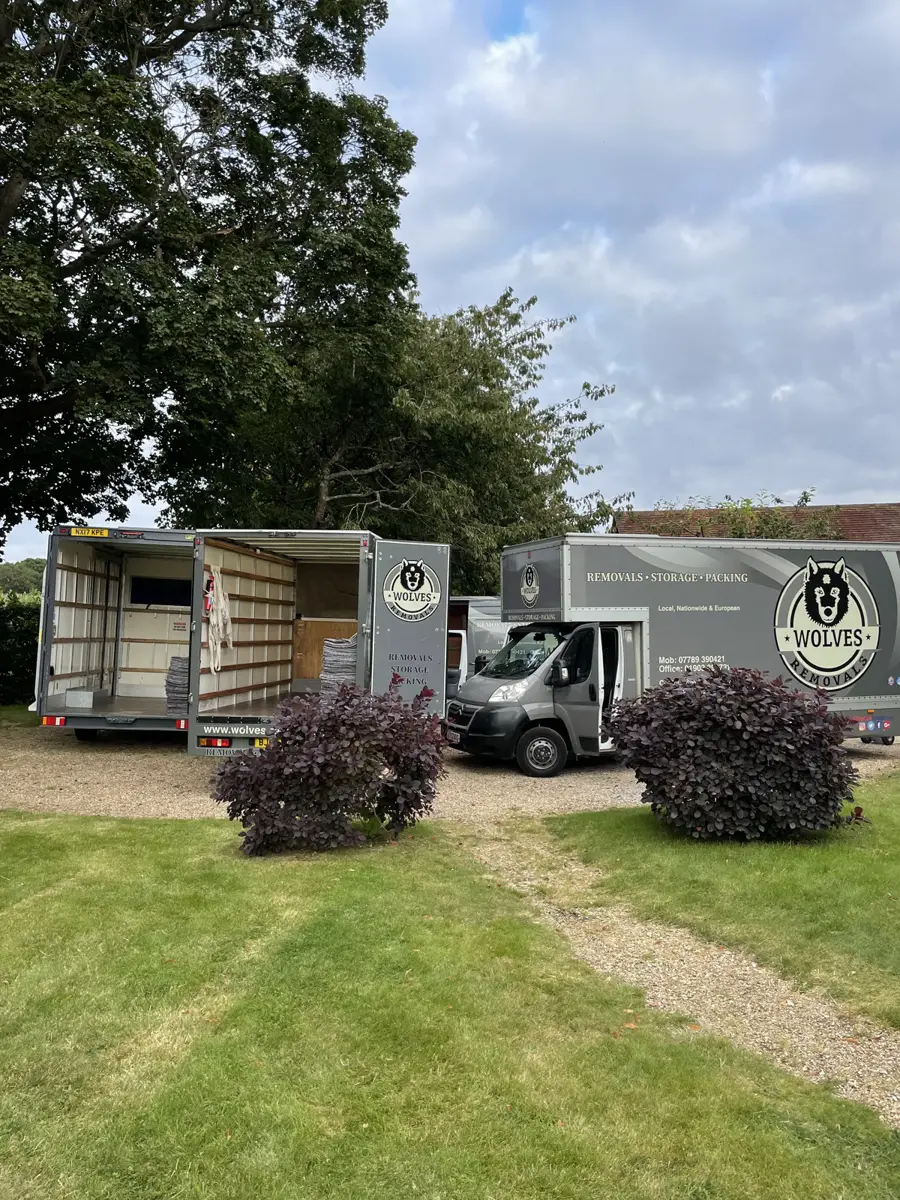 Rear view of a removal truck on a driveway in Cowfold, West Sussex