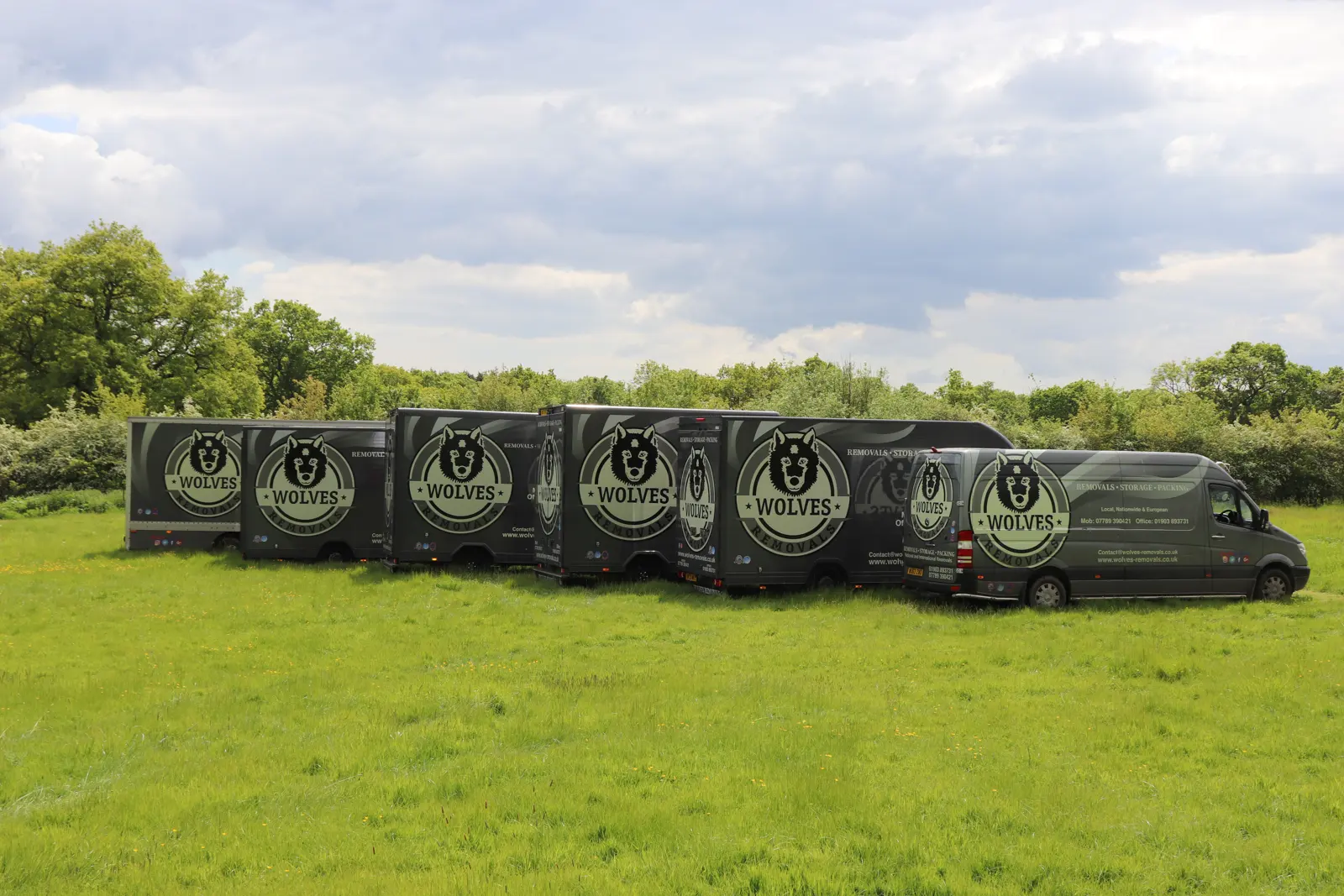 Wolves van fleet parked in a field in Hastings, East Sussex